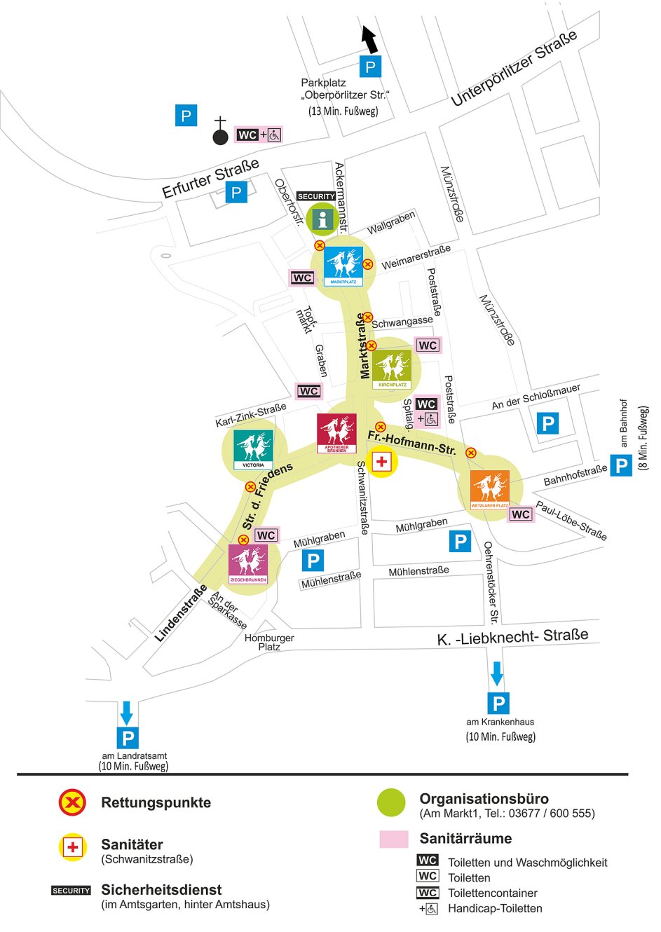 Lageplan mit Bühnenstandorten, Parkplätzen und WCs