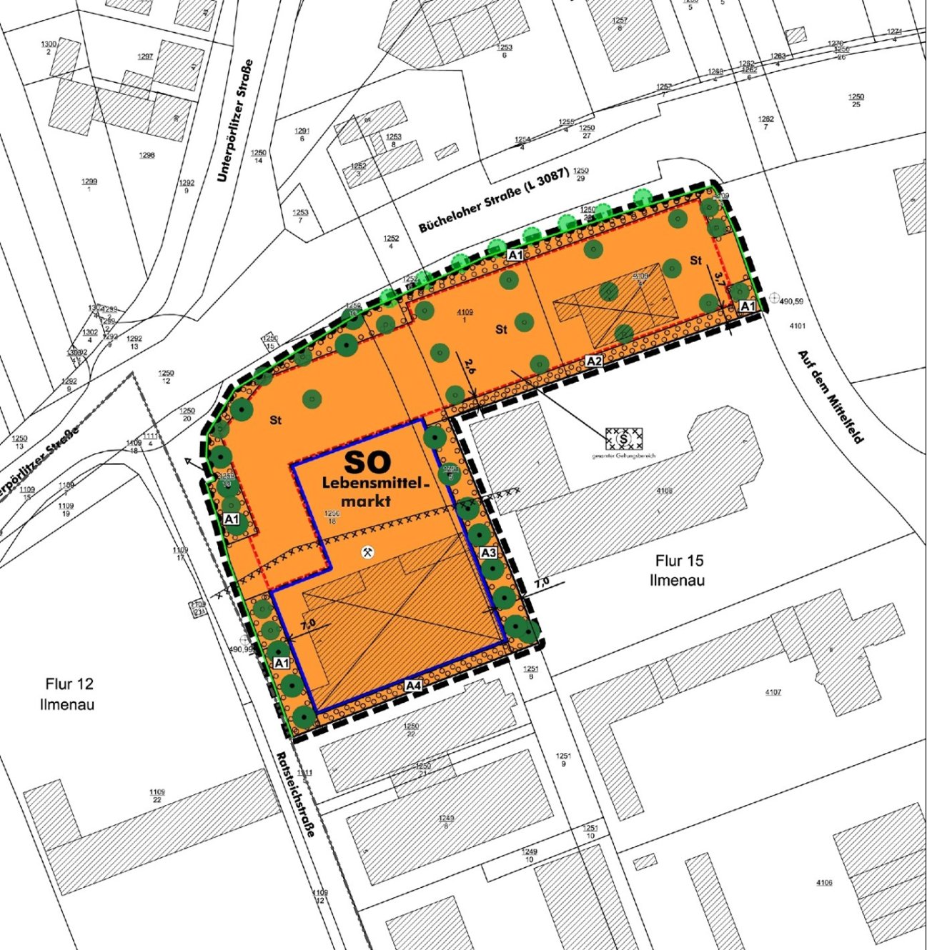 Plangebiet des Bebauungsplans Nr. 62 der Stadt Ilmenau „An der Ratsteichstraße“ (ohne Maßstab)  Quelle © GDI-TH, © Stadt Ilmenau