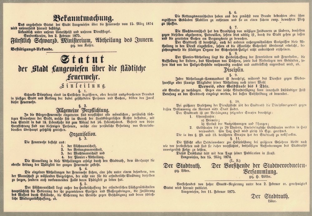 Statut der Feuerwehr Langewiesen von 1865