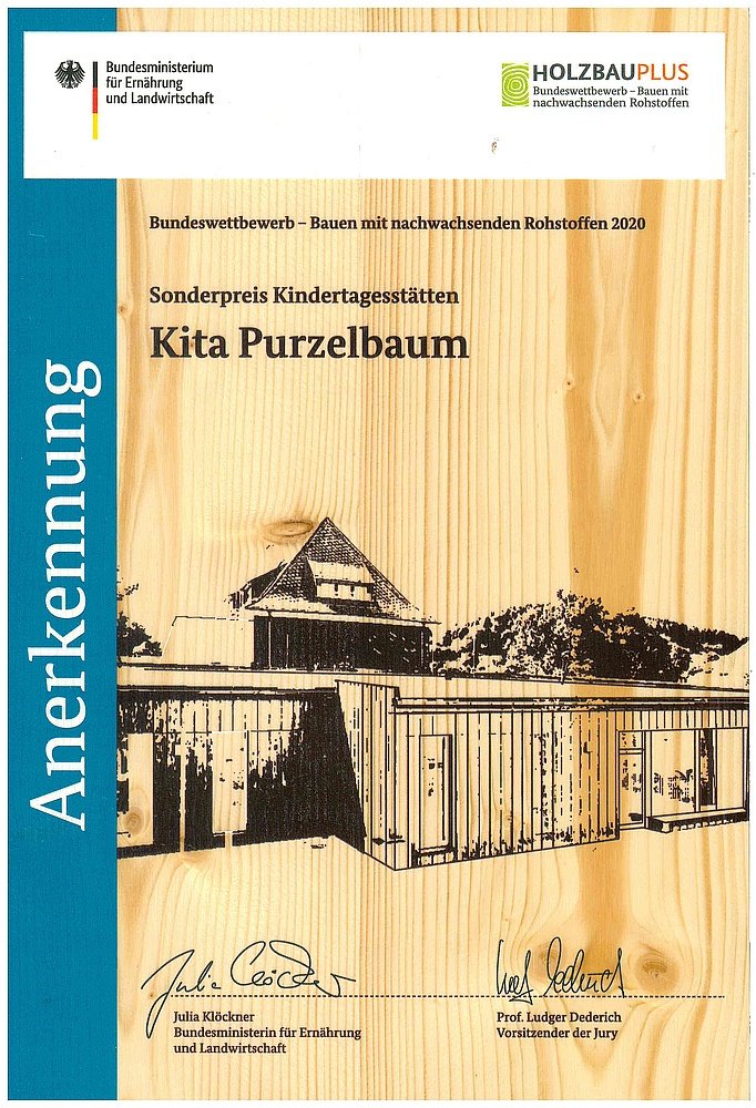 Urkunde Sonderpreis Bauen mit nachwachsenden Rohstoffen 2020 - Kita Purzelbaum