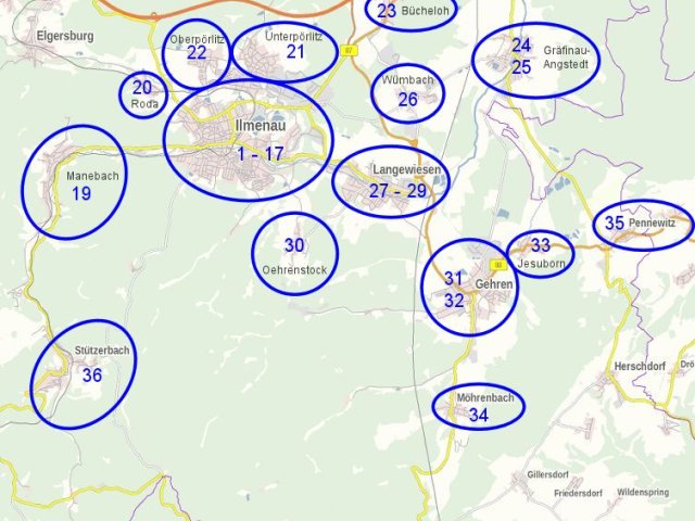 Wahlbezirke der Stadt Ilmenau 2019 (Kartenausschnitt: Geoportal Thüringen)