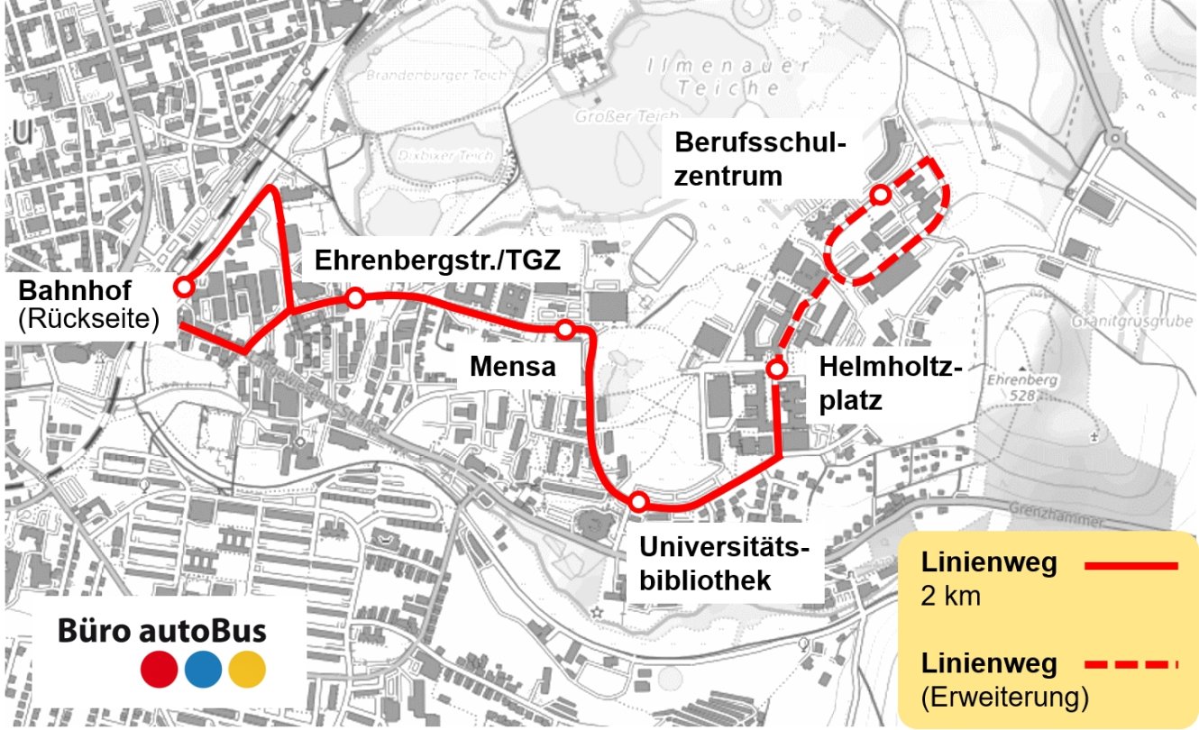 Die geplante Strecke vom Bahnhof zum Campus der Technischen Universität Ilmenau mit möglicher Erweiterung zum Berufsschulzentrum